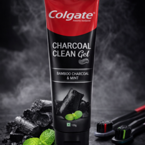 Colgate Charcoal Clean Gel toothpaste tube with bamboo charcoal and mint flavor, 100g pack, black and red packaging.