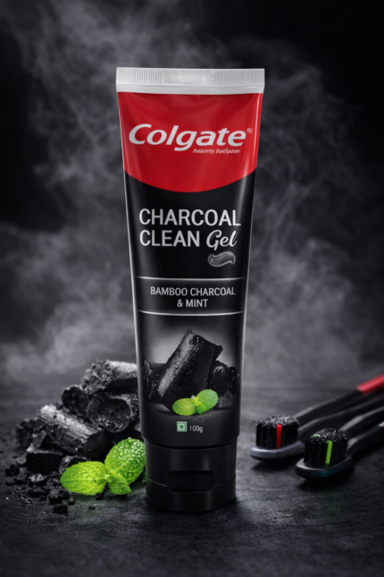 Colgate Charcoal Clean Gel toothpaste tube with bamboo charcoal and mint flavor, 100g pack, black and red packaging.