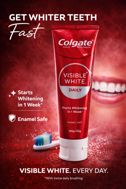 Colgate Visible White Daily whitening toothpaste red tube 100g + 20g extra pack for enamel-safe daily teeth whitening.