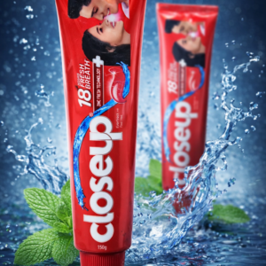 Closeup Everfresh Red Hot toothpaste 150g tube with mint leaves and water splash background