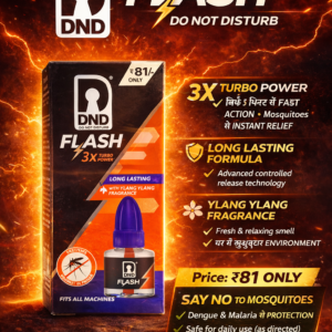 DND Flash mosquito liquid vaporizer box placed on table with fast action, long lasting and ylang ylang fragrance features