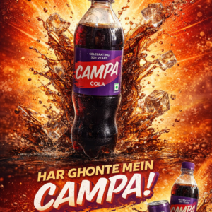 Campa Cola 500ml bottle on counter with purple label and refreshing Indian soft drink
