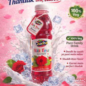Chacha Milk Rose Sharbat bottle with refreshing red rose flavored syrup, perfect summer drink with milk or water, 100% veg family beverage