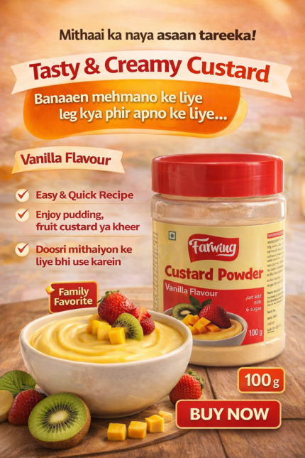 Farwing Custard Powder vanilla flavour jar, easy dessert mix for creamy custard, fruit custard and kheer, quick and tasty family dessert