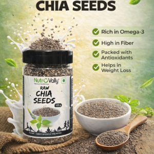 Raw chia seeds jar by NutroVally placed on desk with label visible
