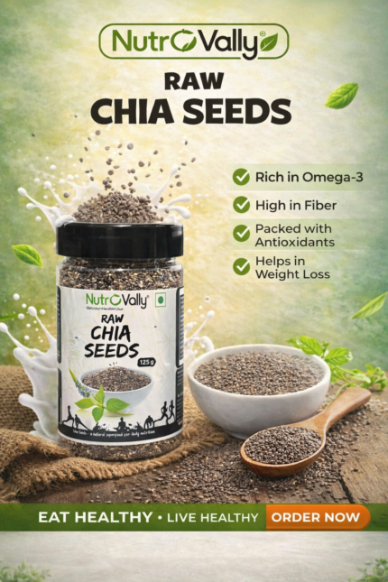 Raw chia seeds jar by NutroVally placed on desk with label visible