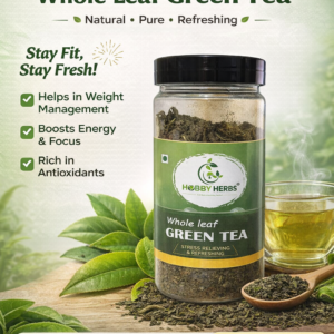 Whole leaf green tea jar by Hobby Herbs placed on table, natural herbal tea for weight management and refreshment