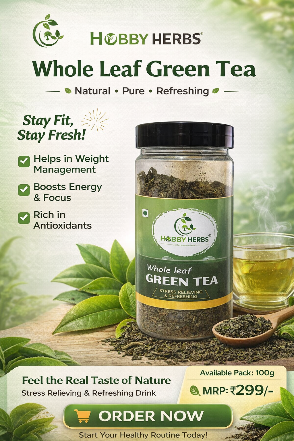 Whole leaf green tea jar by Hobby Herbs placed on table, natural herbal tea for weight management and refreshment