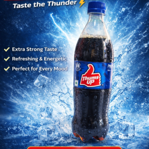 Thums Up 400ml cold drink bottle placed on desk with refreshing look and strong cola beverage