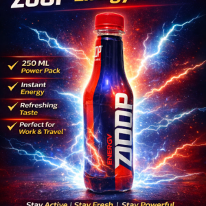 ZOOP Energy Drink 250ml bottle with red cap and blue-red design placed on desk, showing front and back label details.