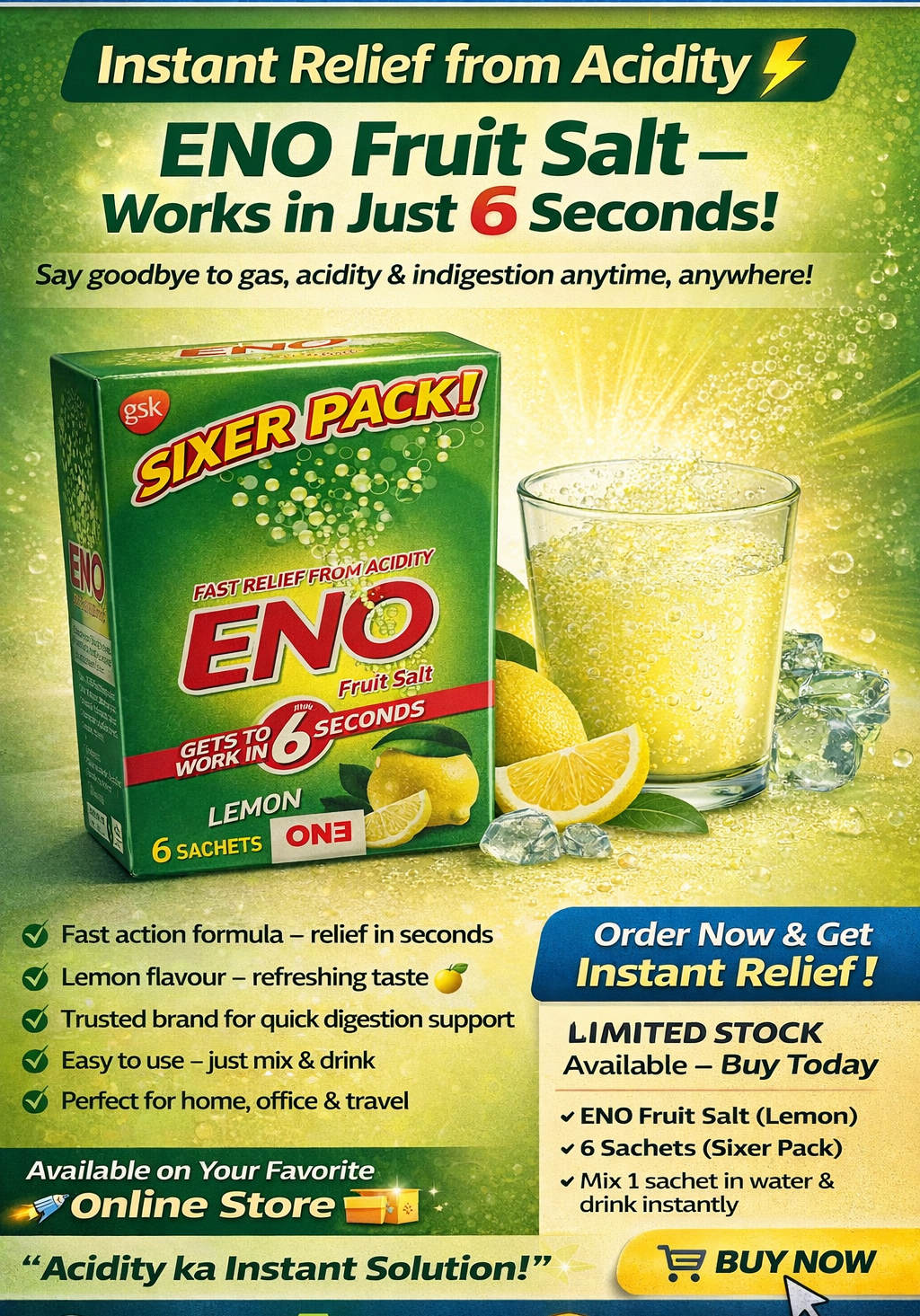 ENO Fruit Salt Lemon 6 sachets pack for fast acidity relief, green box packaging