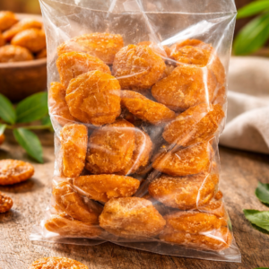 Sweet jaggery (gur) candies packed in a transparent plastic pouch placed on a desk.