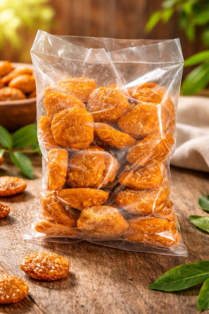 Sweet jaggery (gur) candies packed in a transparent plastic pouch placed on a desk.
