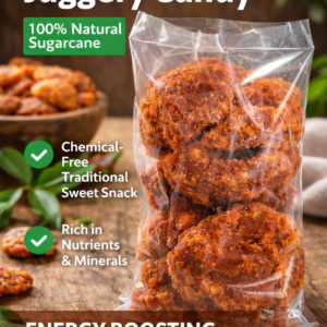 Natural jaggery (gur) chunks packed in a transparent plastic bag on a table.