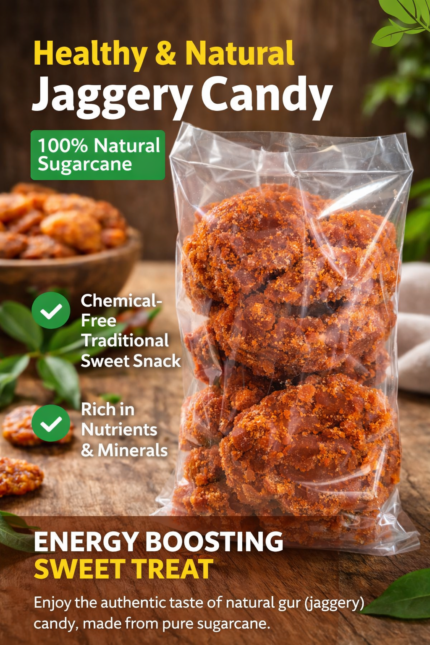 Natural jaggery (gur) chunks packed in a transparent plastic bag on a table.