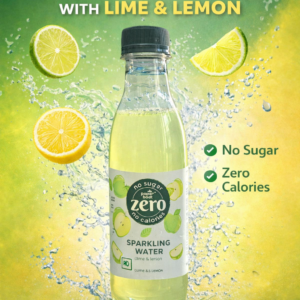Green apple flavored sparkling water bottle with no sugar and zero calories in a 250ml plastic bottle.