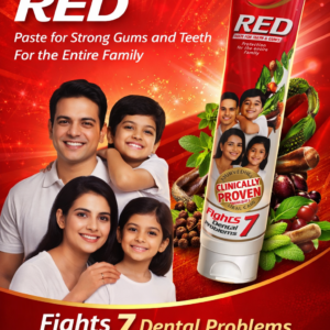 Dabur Red toothpaste tube for strong gums and teeth placed on table with red promotional background showing family and dental benefits.