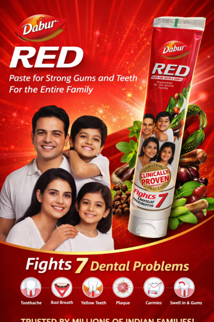 Dabur Red toothpaste tube for strong gums and teeth placed on table with red promotional background showing family and dental benefits.