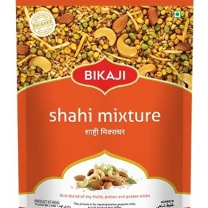 Bikaji Shahi Mixture namkeen pack with a mix of sev, nuts, pulses, and crispy potato sticks in an orange packet.