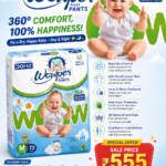 Wowper Fresh Pants Baby Diapers Medium Size (M, 7–12 kg), 72 Pants pack with 20% extra absorption, pediatric approved, sale price ₹555 and MRP ₹1029.
