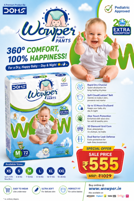 Wowper Fresh Pants Baby Diapers Medium Size (M, 7–12 kg), 72 Pants pack with 20% extra absorption, pediatric approved, sale price ₹555 and MRP ₹1029.