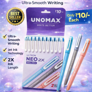 UNOMAX Ultron Neo 2X ball pen pack with smooth writing jet ink technology and 2X ink length priced at ₹10 per pen