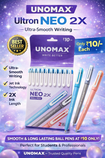 UNOMAX Ultron Neo 2X ball pen pack with smooth writing jet ink technology and 2X ink length priced at ₹10 per pen