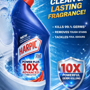 Harpic Power Plus 10X Advanced toilet cleaner bottle in blue packaging with red nozzle, packed in transparent plastic