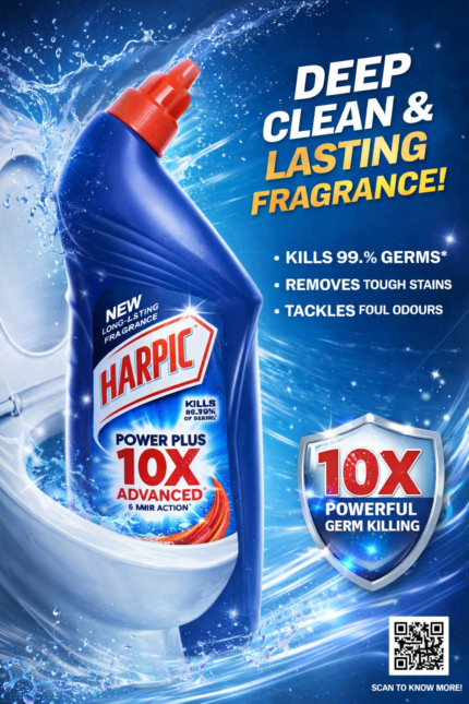 Harpic Power Plus 10X Advanced toilet cleaner bottle in blue packaging with red nozzle, packed in transparent plastic