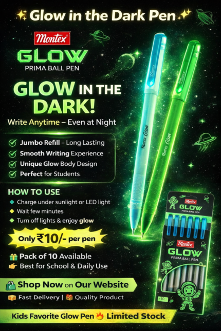 Montex Glow Prima ball pen set glow in the dark jumbo refill smooth writing blue ink pack of 10