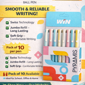 WIN Pyramis ball pen pack of 10 smooth writing blue ink jumbo refill school stationery pen set