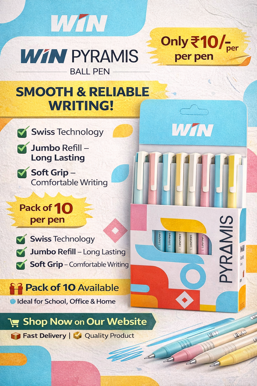 WIN Pyramis ball pen pack of 10 smooth writing blue ink jumbo refill school stationery pen set