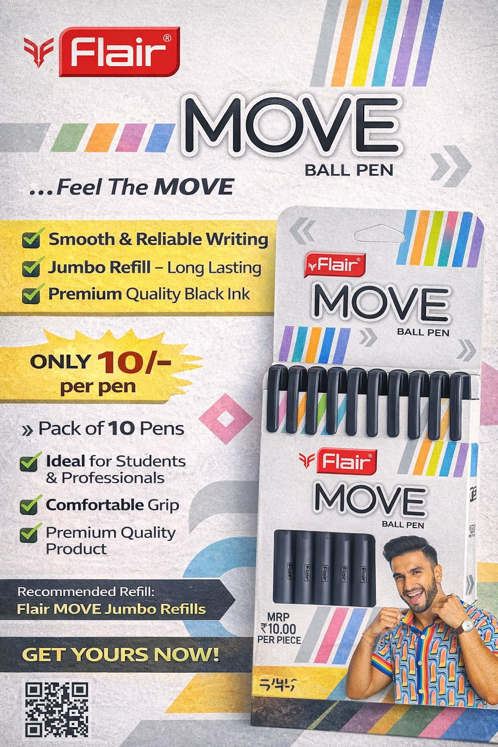 Flair MOVE black ball pen pack of 10 smooth writing jumbo refill premium quality pen set