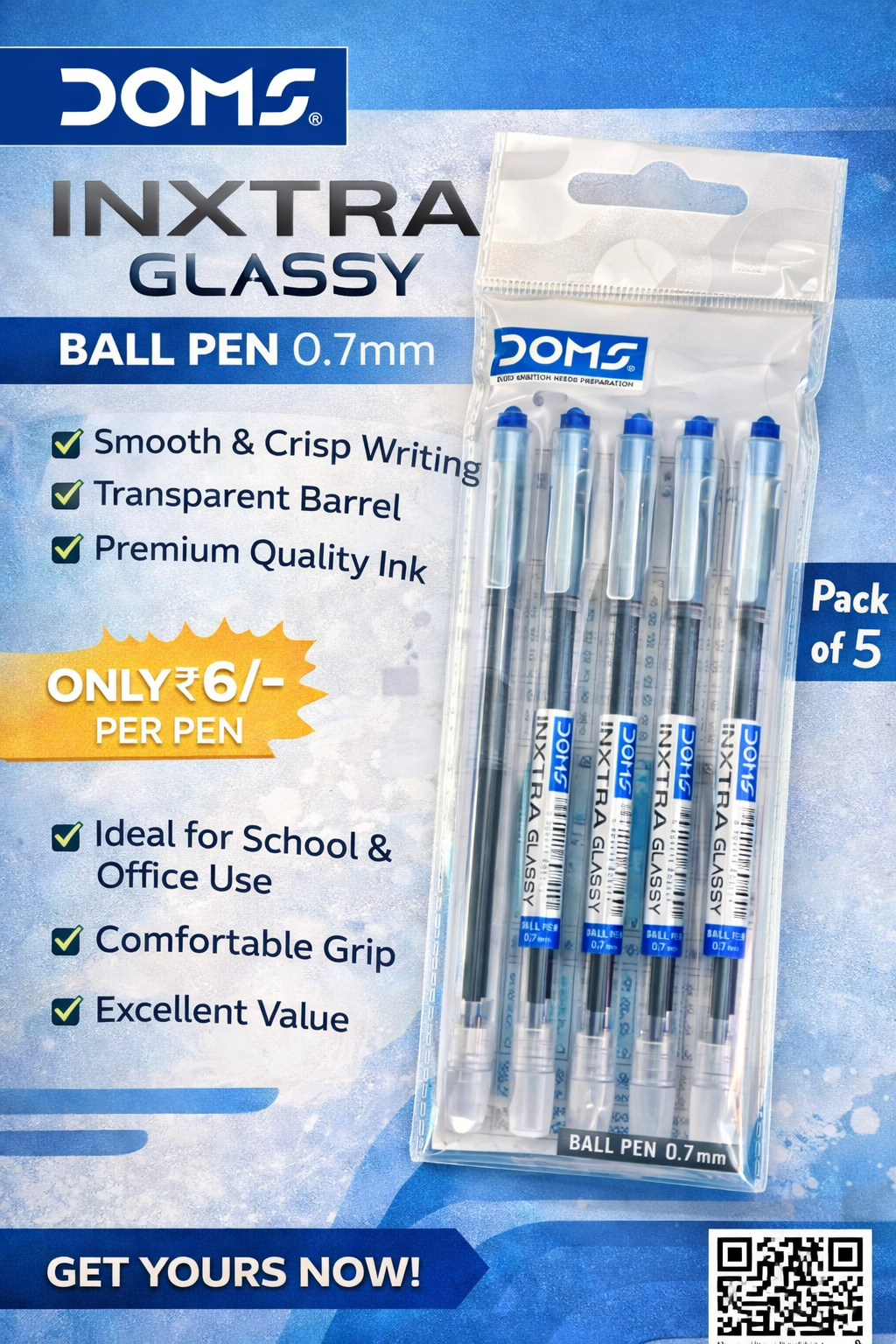 DOMS NXTRA Glassy ball pen 0.7mm smooth writing blue ink transparent body pack of 5