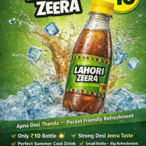 Lahori Zeera 160ml bottle with ice splash, refreshing desi jeera flavored cold drink priced at ₹10