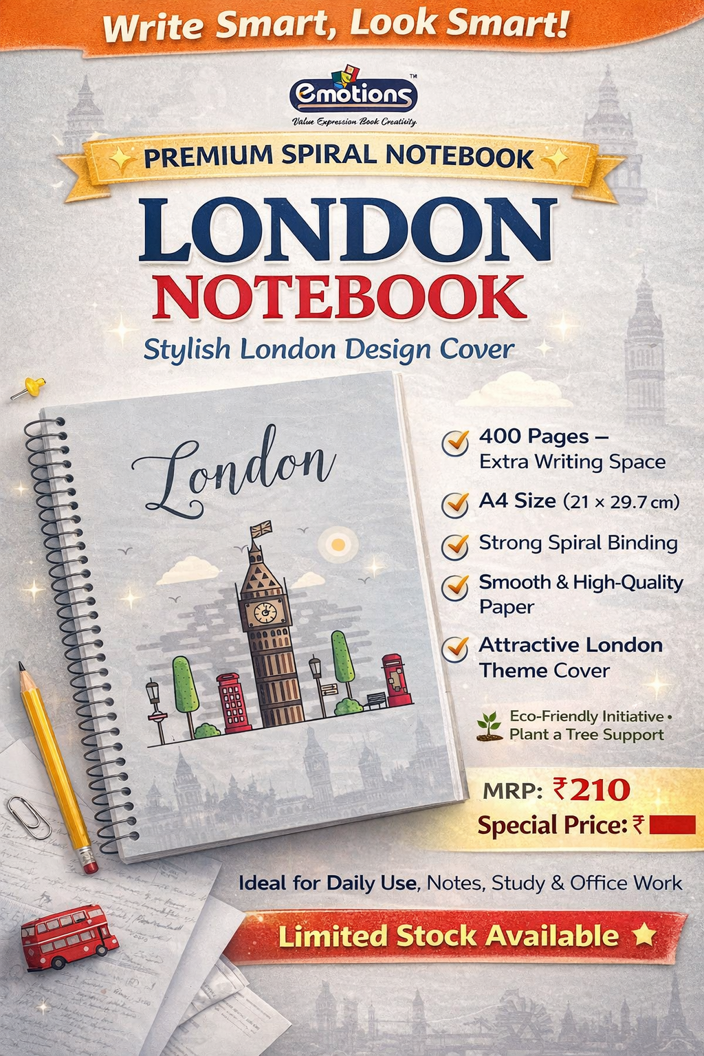 London theme spiral notebook A4 size 400 pages with stylish Big Ben cover design