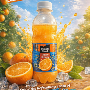 Minute Maid Pulpy Orange 250ml bottle placed on a table, showing fresh orange juice with pulp in a clear plastic bottle.