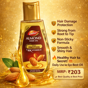 Dabur Almond Hair Oil bottle with soya protein and vitamin E for strong, shiny and damage-free hair