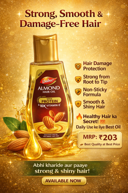 Dabur Almond Hair Oil bottle with soya protein and vitamin E for strong, shiny and damage-free hair
