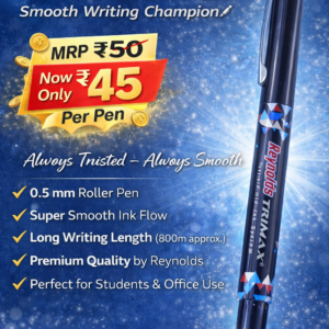 Reynolds Trimax blue roller pen with smooth writing technology, MRP ₹50 and sale price ₹45 displayed on retail pack
