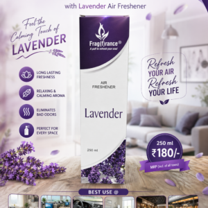Lavender air freshener spray box 250 ml by Fragrance, purple packaging for home, office, car and room freshness.