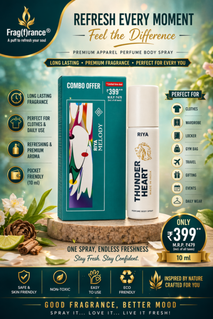 Riya Melody Eau De Parfum and Thunder Heart Perfume Body Spray combo pack with long lasting fragrance and premium packaging