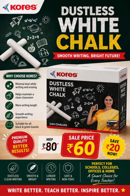 Kores Dustless White Chalk Box 144 Pieces Front View
