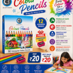 12 Colour Pencils Set Back Side with Details and Sharpener Info