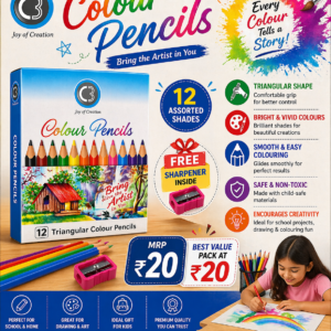 12 Colour Pencils Set Back Side with Details and Sharpener Info