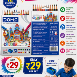DOMS 12 Colour Pencils Back Side with Product Details and MRP ₹29