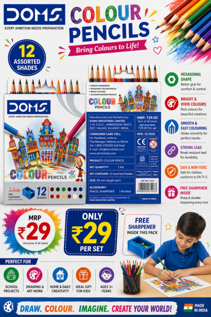 DOMS 12 Colour Pencils Back Side with Product Details and MRP ₹29