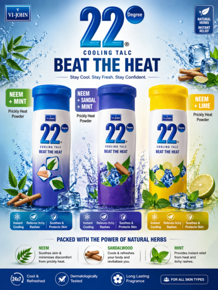 VI-JOHN 22 Degree Cooling Talc Musk Neem Mint prickly heat powder bottle