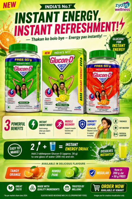 Glucon-D Instant Energy Drink Powder Regular Tangy Orange Nimbu Pani Flavour with Glucose Vitamin C Zinc India