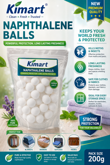 Kimart Naphthalene Balls white mothballs in transparent pouch for clothes protection and freshness